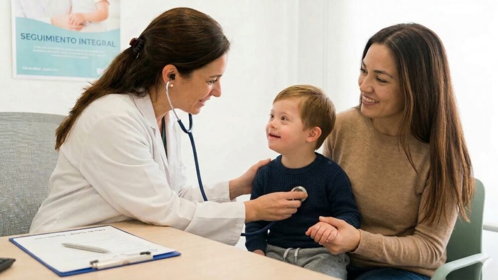 "Foto de una pediatra examinando suavemente el corazón de un niño de 4 años con síndrome de Down con un estetoscopio, mientras su madre lo reconforta. El niño sonríe. Es una escena de atención médica pediátrica preventiva en una clínica moderna con un cartel de 'SEGUIMIENTO INTEGRAL'. En primer plano, una carpeta dice 'Cita de Salud - Jupsin.com' para la salud en igualdad."