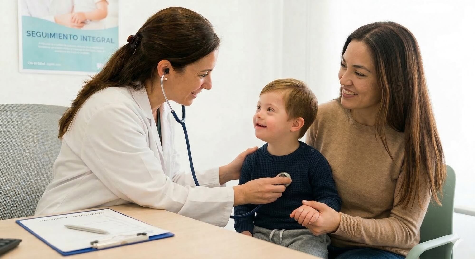 "Foto de una pediatra examinando suavemente el corazón de un niño de 4 años con síndrome de Down con un estetoscopio, mientras su madre lo reconforta. El niño sonríe. Es una escena de atención médica pediátrica preventiva en una clínica moderna con un cartel de 'SEGUIMIENTO INTEGRAL'. En primer plano, una carpeta dice 'Cita de Salud - Jupsin.com' para la salud en igualdad."