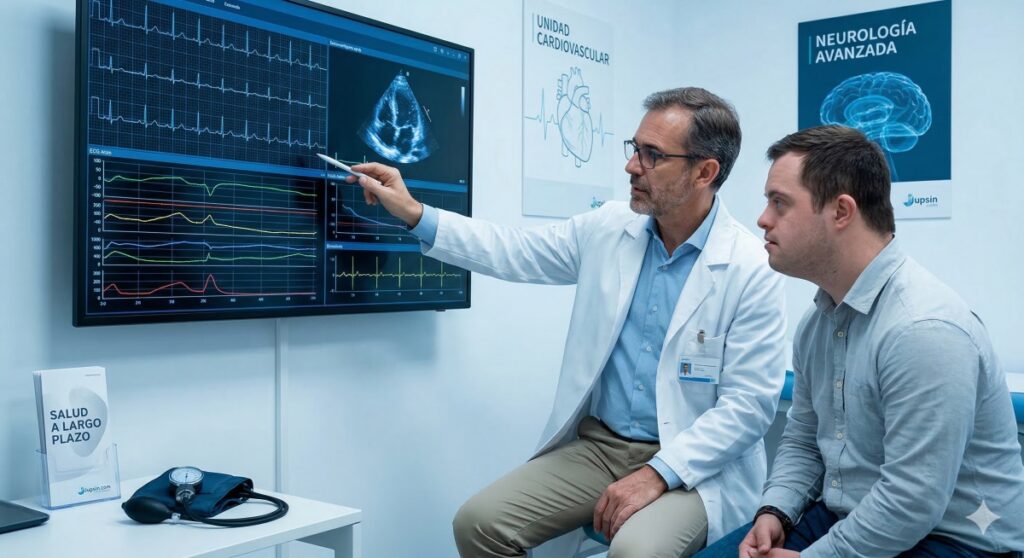 "Un cardiólogo especialista y un neurólogo muestran y explican datos complejos de ECG e imágenes cerebrales en un monitor grande a un adulto de 30 años con síndrome de Down, enfatizando la prevención. El hombre adulto está atento. Es una escena de diagnóstico avanzado en una clínica cardiovascular y neurológica para la salud a largo plazo sin discriminación. Un folleto cerca dice 'Jupsin.com'."