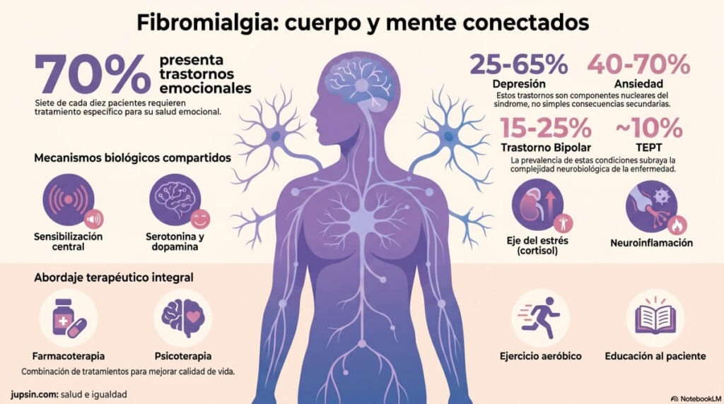 Hasta el 70 % de pacientes con fibromialgia presenta ansiedad, depresión u otros trastornos emocionales con intensidad suficiente para necesitar tratamiento específico.