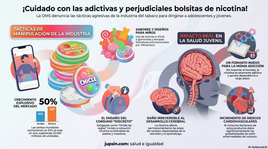 ¡Cuidado con las adictivas y perjudiciales bolsitas de nicotina! La OMS advierte, en un informe contundente, sobre el aumento del consumo de bolsitas de nicotina en el mundo y denuncia las tácticas agresivas de la industria del tabaco para dirigirse a adolescentes y jóvenes.