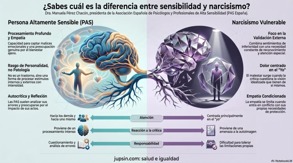 La relación entre las personas altamente sensibles (PAS), la autoestima frágil y el narcisismo vulnerable es un tema que suele generar confusión. Esto ocurre porque existen algunos rasgos que, observados de manera superficial, pueden parecer similares.