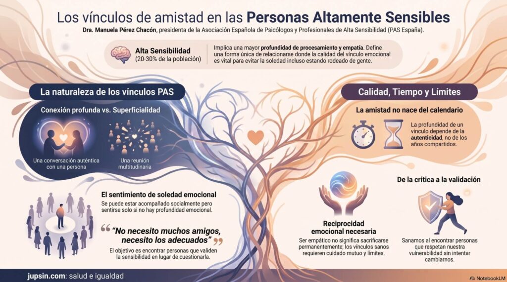 Las personas altamente sensibles suelen necesitar algo más que presencia física. Necesitan conexión emocional. Necesitan sentir que pueden mostrarse tal y como son, sin miedo a ser juzgadas o incomprendidas. Necesitan relaciones en las que no tengan que esconder su sensibilidad, moderar constantemente sus emociones o fingir que algo no les afecta cuando en realidad sí les afecta.
